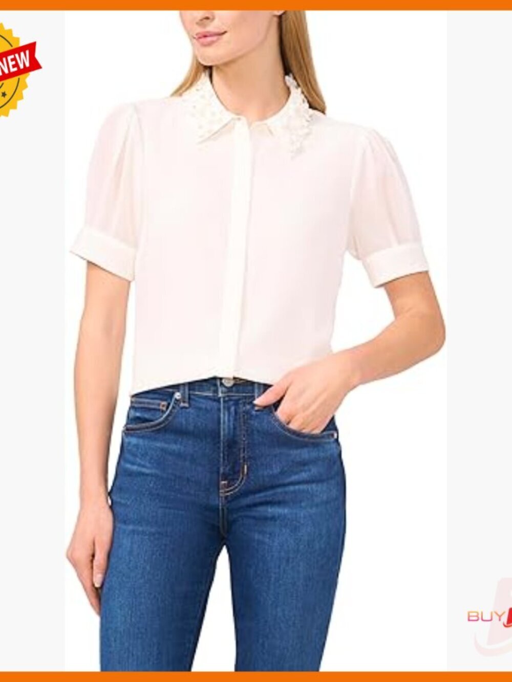 Embellished Collar Button Down Top, Short Sleeve, Polyester, Workwear - Picture 1 of 3